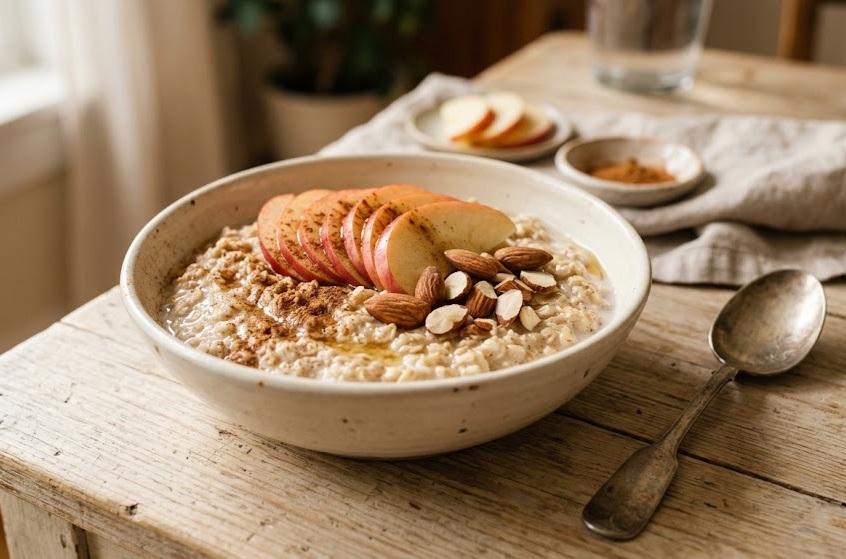 Tigela de papa de aveia com fruta e canela sobre mesa de madeira clara